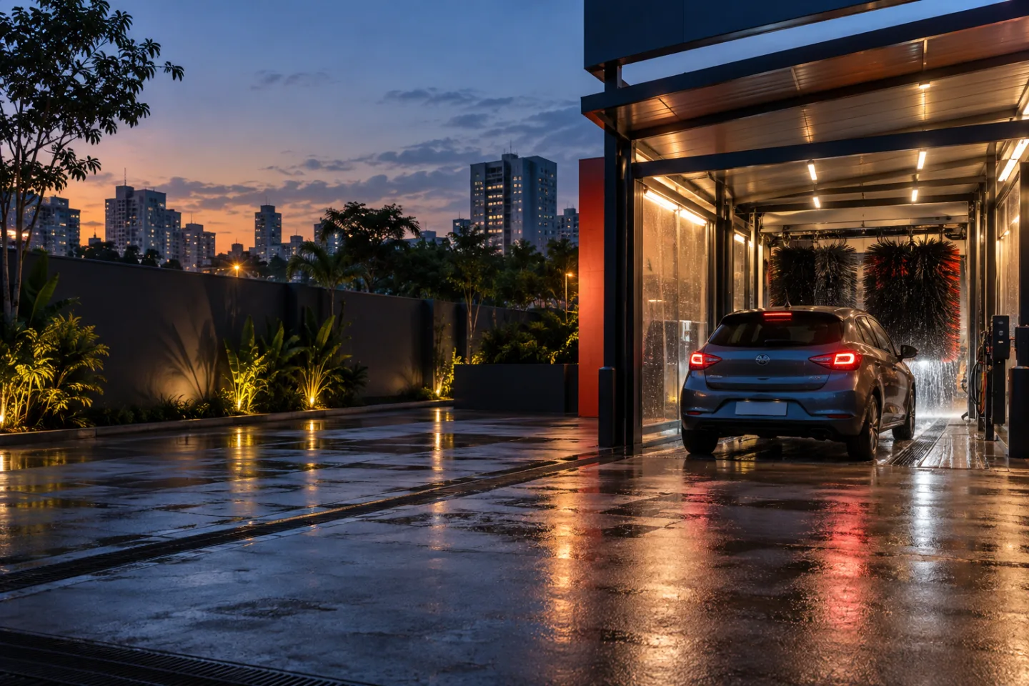 Área genérica de lavagem de carros ao anoitecer