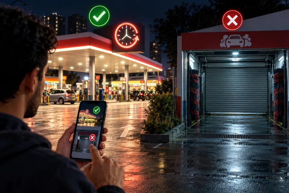 Posto iluminado durante a noite ao lado de uma área de lavagem fechada, mostrando que os horários podem ser diferentes