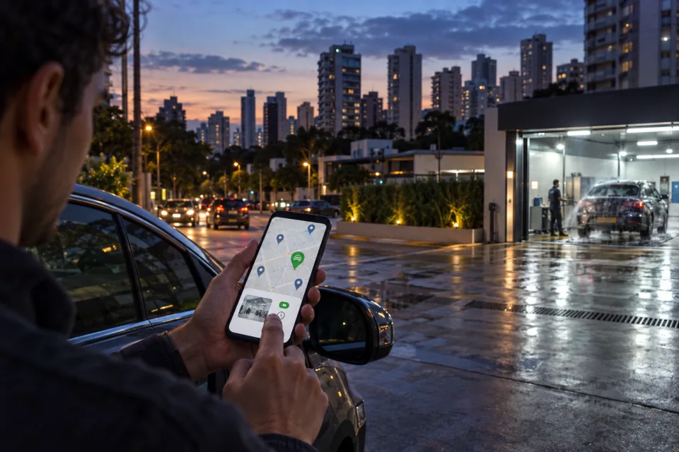 Motorista pesquisando no celular uma lavagem aberta em um bairro de São Paulo ao anoitecer