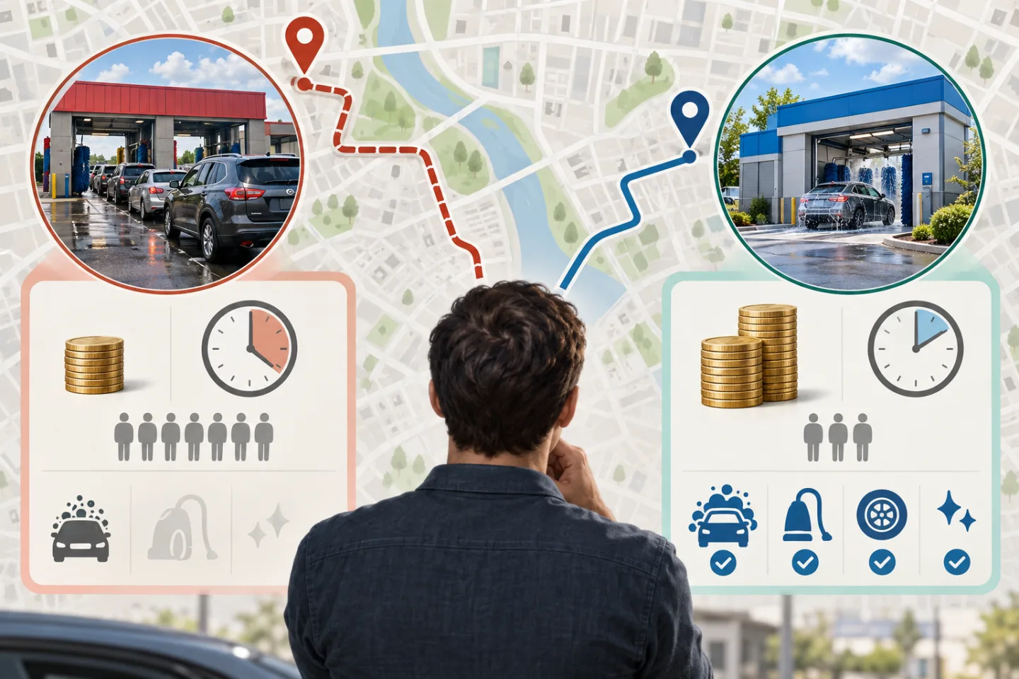 Comparação entre distância, fila, tempo e escopo de dois serviços de lavagem