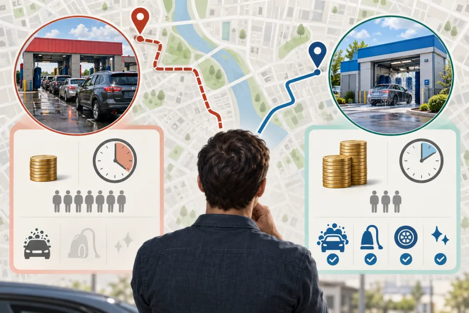 Comparação entre distância, fila, tempo e escopo de dois serviços de lavagem