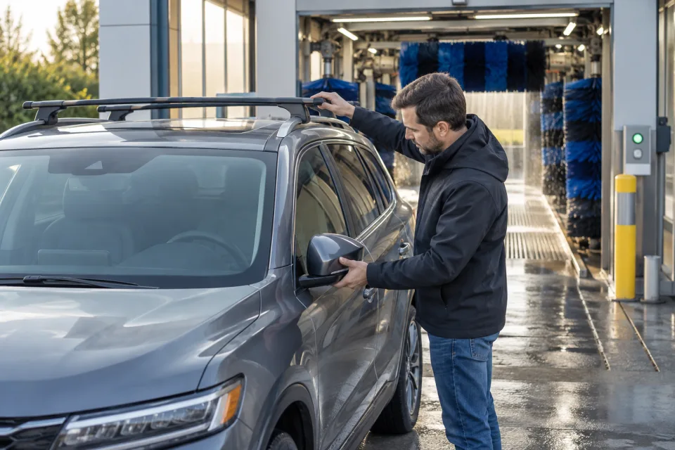 Motorista conferindo retrovisor e bagageiro antes de entrar em uma lavagem automática