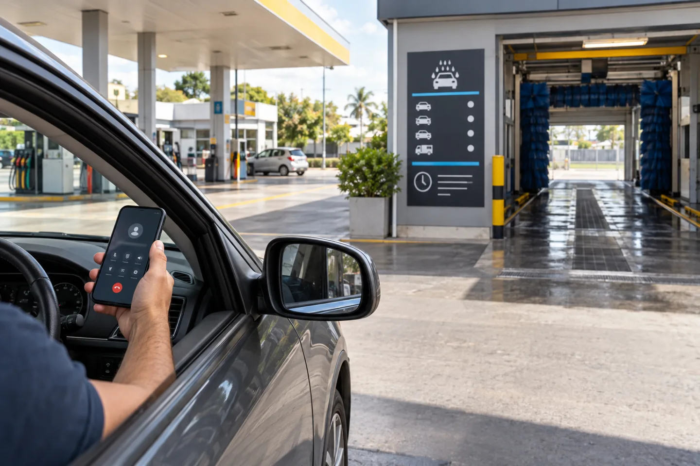 Motorista consultando o telefone antes de entrar em uma área de lavagem separada do posto