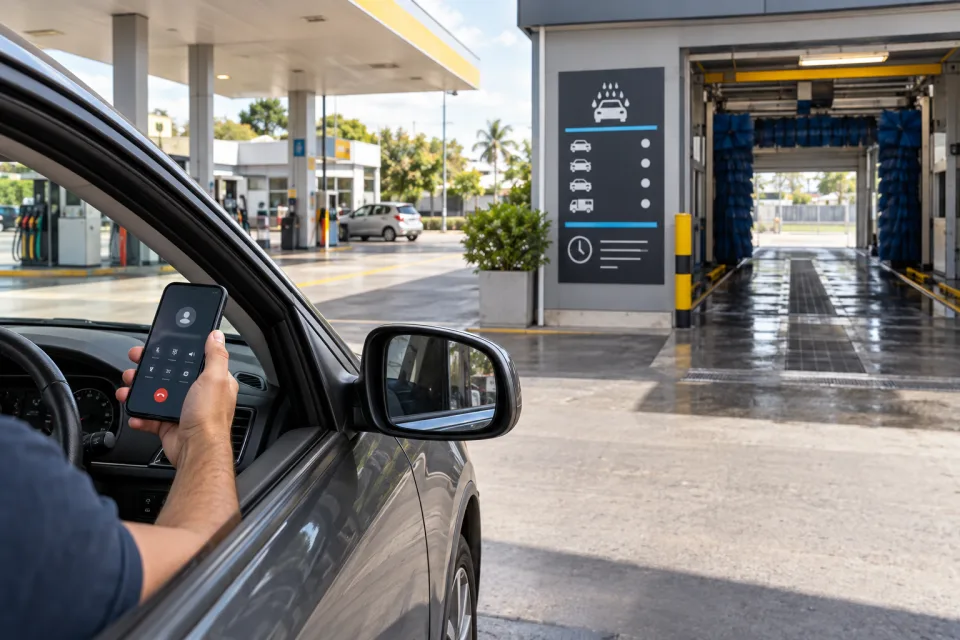 Motorista consultando o telefone antes de entrar em uma área de lavagem separada do posto