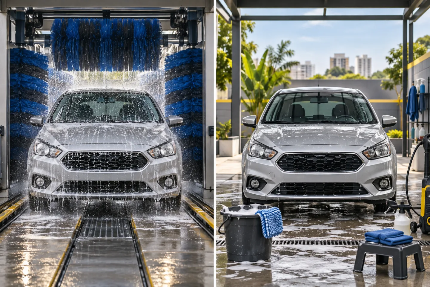 Comparação visual entre uma lavagem automática com escovas e uma lavagem manual