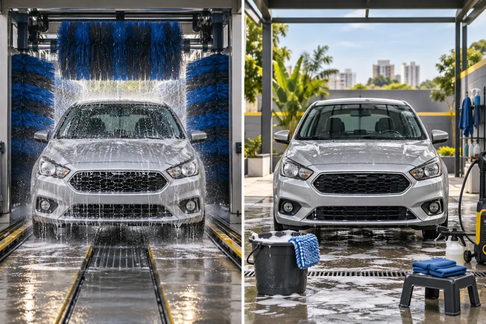 Comparação visual entre uma lavagem automática com escovas e uma lavagem manual