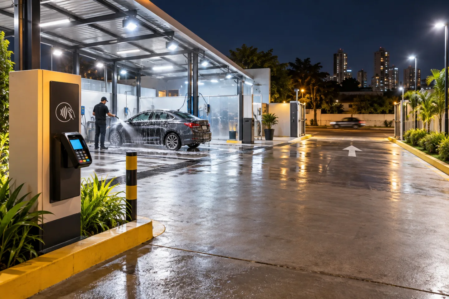 Área de lavagem noturna bem iluminada com pagamento por aproximação e saída visível