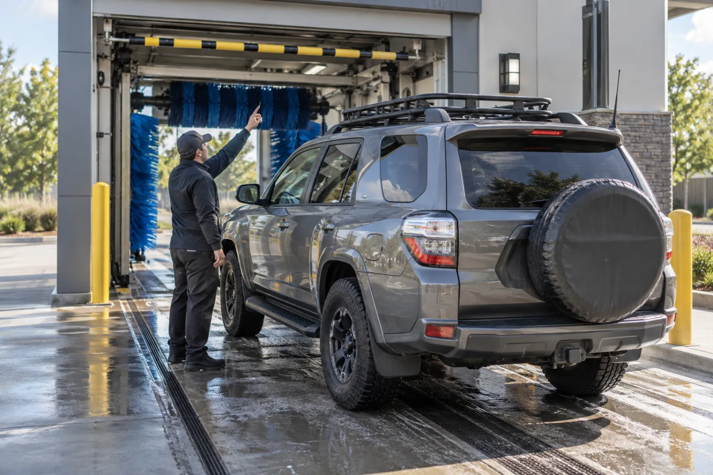 Inspeção de altura, bagageiro, antena e acessórios de um SUV antes da lavagem
