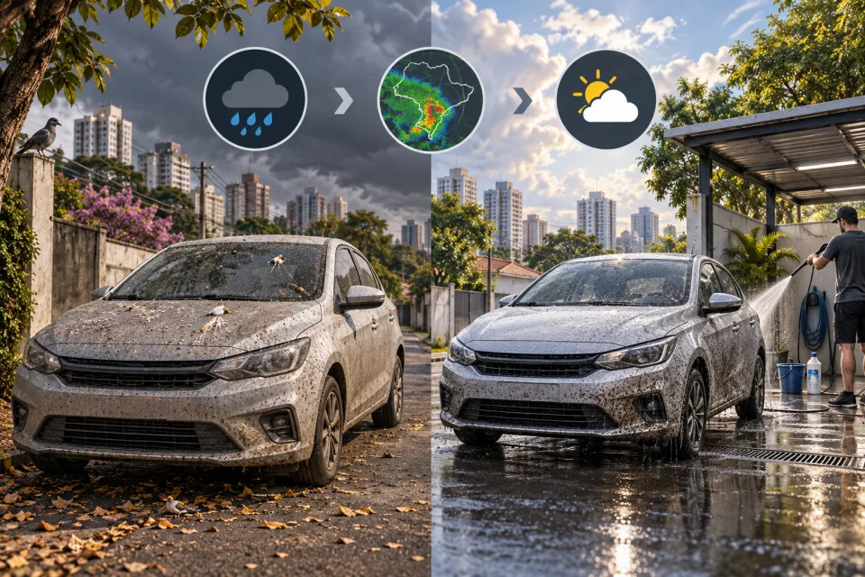Comparação de um carro sujo antes da chuva e a necessidade de lavagem depois do tempo instável