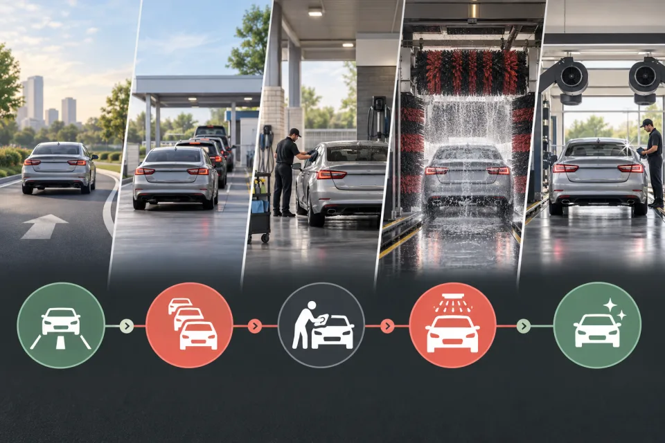 Sequência visual de deslocamento, fila, preparação, lavagem e secagem do veículo